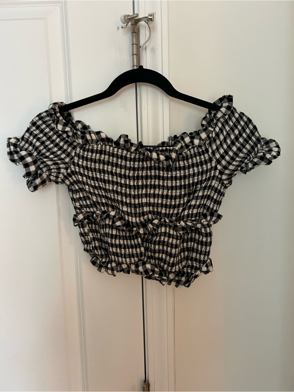 Moon River Black & White Gingham Smocked Off-Shoulder Crop Top